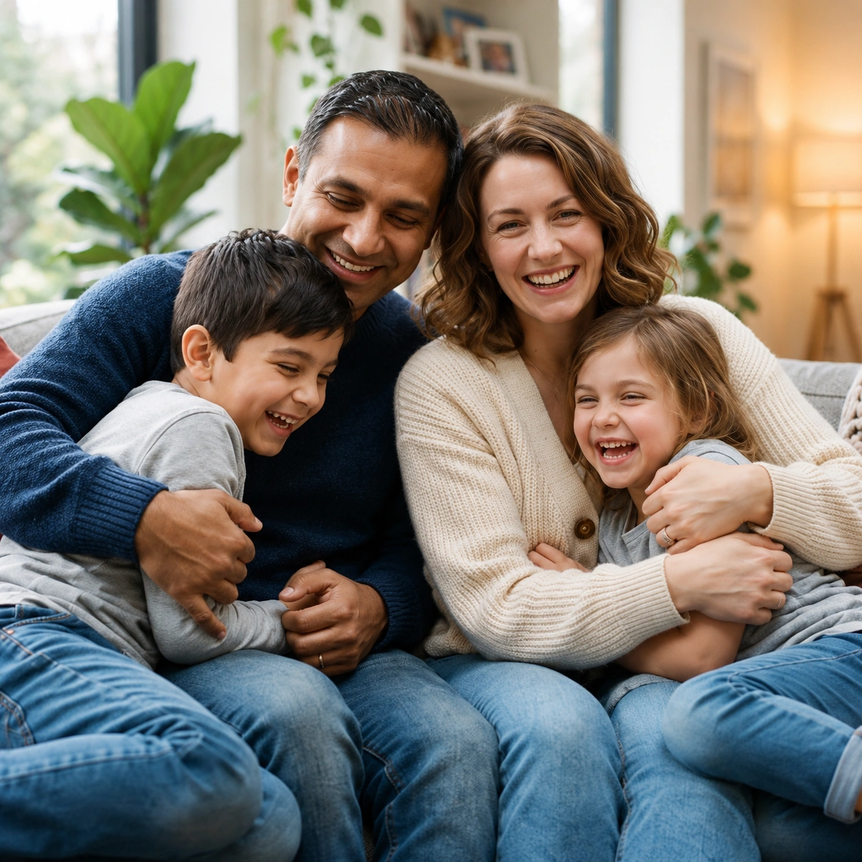 Família com pai, mãe e duas crianças abraçadas e sorrindo no sofá